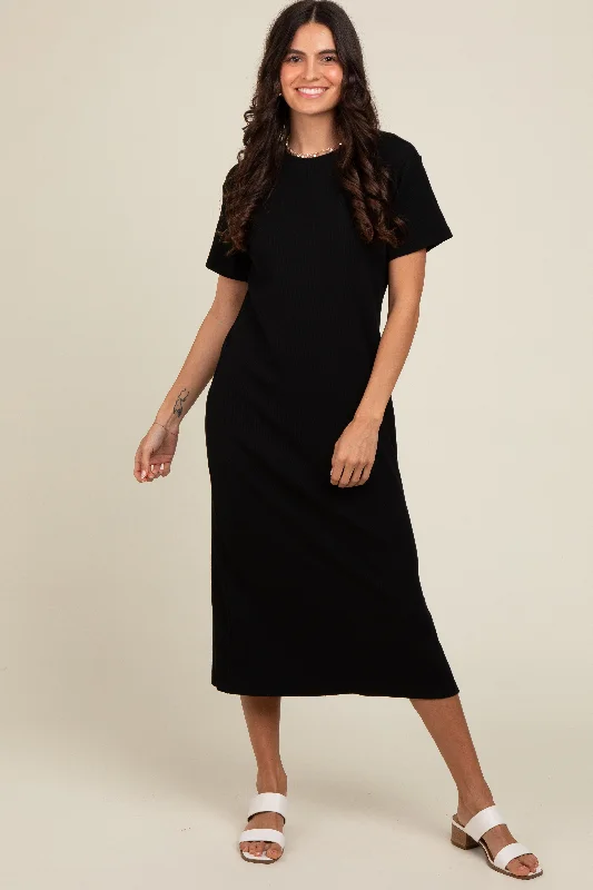 Colorful Clothing Black Short Sleeve Side Slit T-Shirt Midi Dress