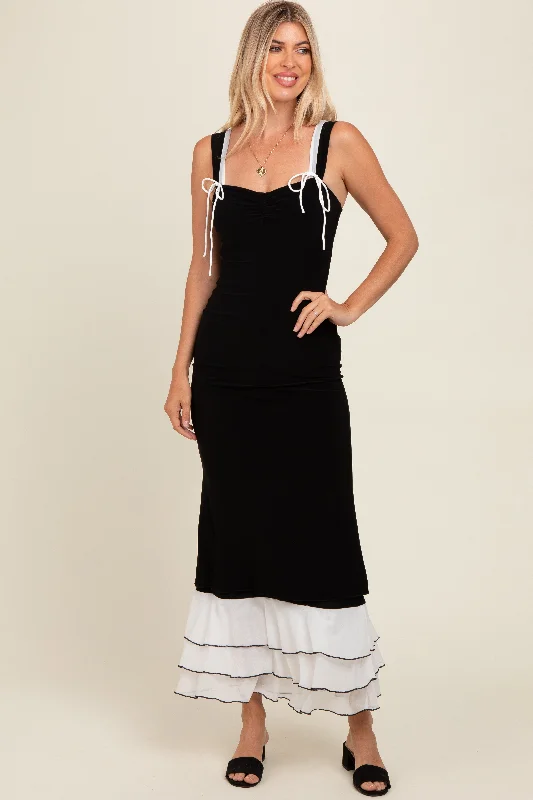 Women's High-Fashion Attire Black Shoulder Tie Layered Hem Maxi Dress