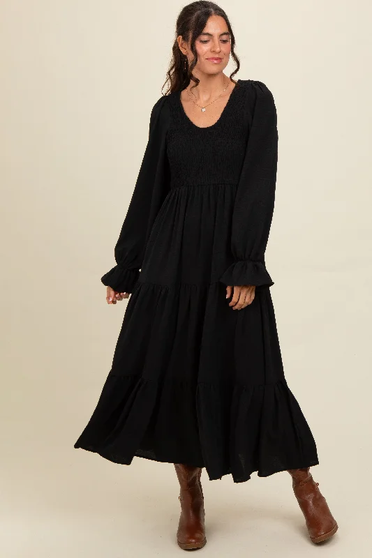 Clearance Sale Online Black Smocked Tiered Long Sleeve Maxi Dress