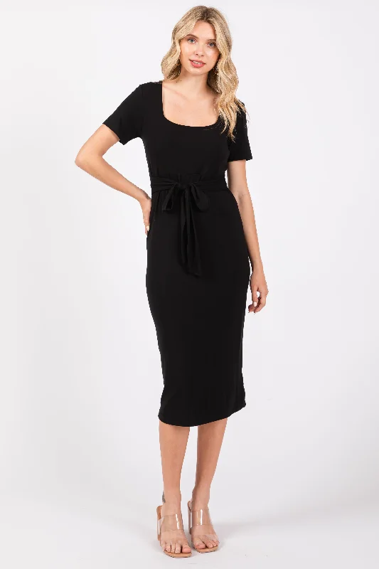 Women's Casual Attire Black Square Neck Belted Midi Dress