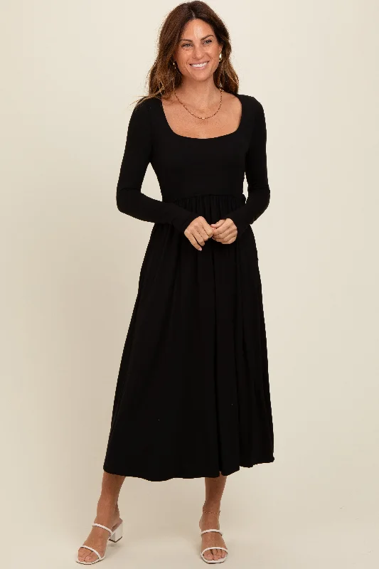 Versatile Outfits Black Square Neck Long Sleeve Midi Dress