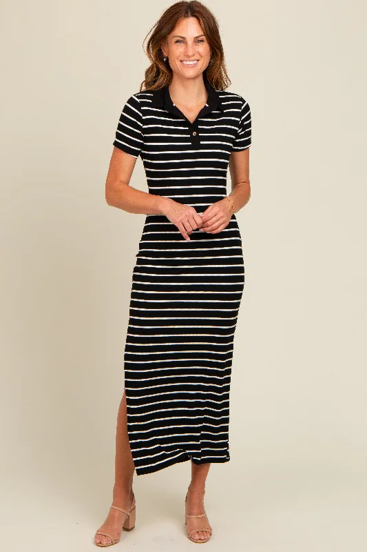 Women's Chic Outfit Black Striped Collared Side Slit Maxi Dress