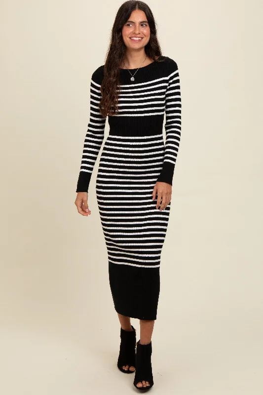 Formal Outfit For Women Black Striped Midi Sweater Dress