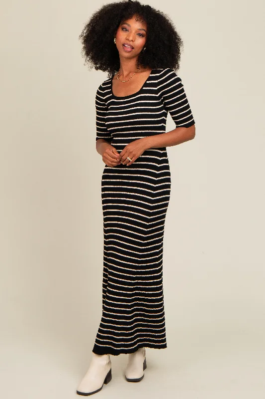 Women's Evening Wear for Special Occasions Black Striped Ribbed Short Sleeve Maxi Dress