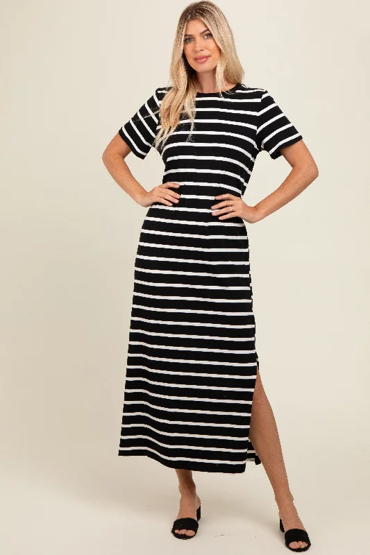 Women's Apparel Black Striped Side Slit Maxi Dress