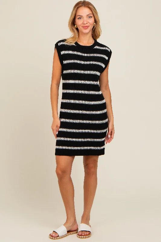 Women's High-Fashion Garments Black Striped Sweater Knit Sleeveless Dress