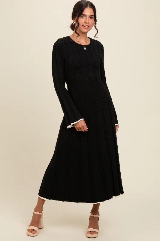 Urban Femme Streetwear Black Sweater Knit Bell Sleeve Back Cutout Maxi Dress