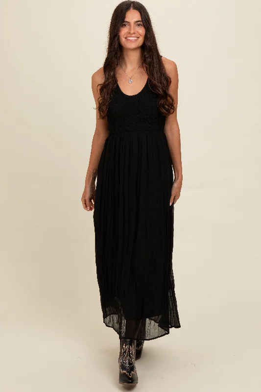 Fashionable Casual Tops Black Textured Smocked Bodice Sleeveless Maxi Dress