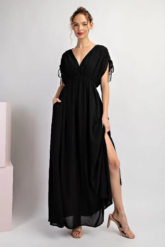 Timeless Women's Outfit Black V-Neck Drawstring Short Sleeve Side Slit Maxi Dress