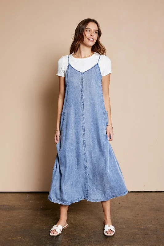 Sale Clearance Blue Chambray Pocketed Maxi Dress