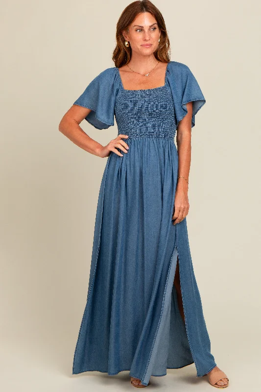 Women's Active Outfit For Fitness Blue Chambray Smocked Maxi Dress