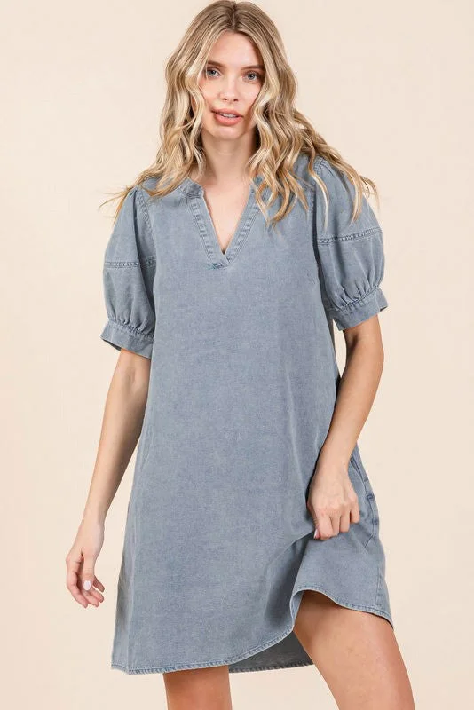 Women's Fashion Clothing Blue Denim Pocketed Dress