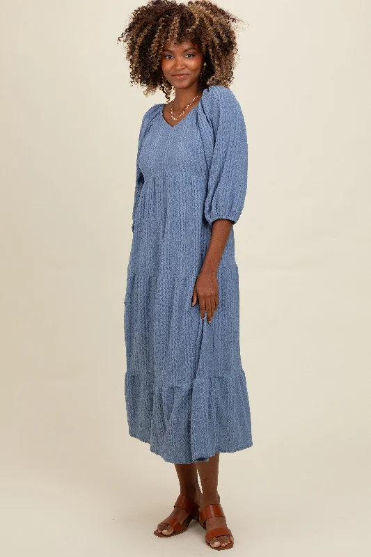 Casual Chic Blue Embroidered Tiered Midi Dress