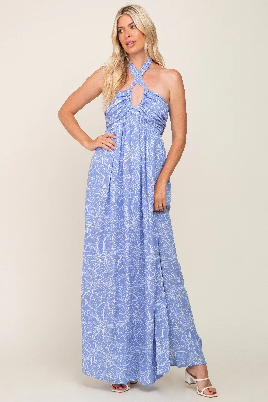 Women's Clothes for All-Day Comfort and Style Blue Floral Halter Neck Maxi Dress