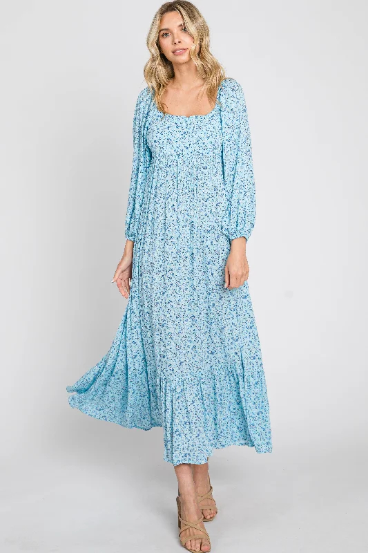 Trendy Casual Outfits Blue Floral Square Neck 3/4 Sleeve Midi Dress