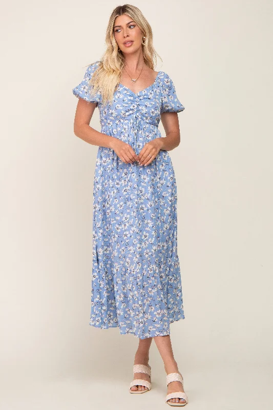 Women's Casual and Dressy Outfits Blue Floral Sweetheart Drawstring Neck Short Sleeve Midi Dress