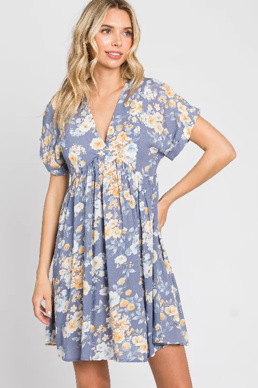 Casual Women's Clothing Online Blue Floral V-Neck Short Sleeve Dress