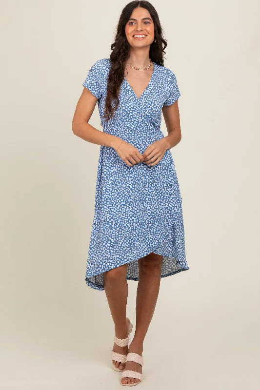 Online Boutique Clothing Blue Floral Wrap Midi Dress