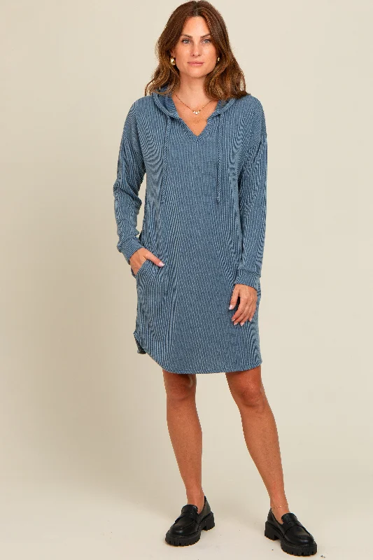 Women's Casual Dresses Blue Ribbed Hoodie Dress