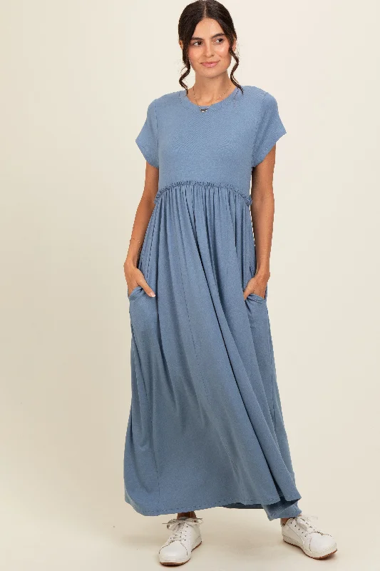 Comfortable Loungewear for Women Blue Ruffle Trim Maxi Dress