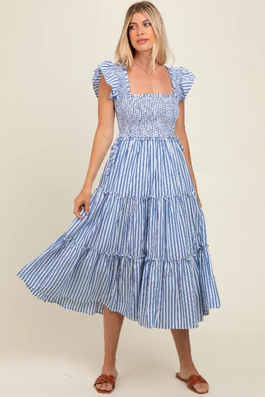 Women's Urban Fashion Blue Striped Smocked Ruffle Tiered Midi Dress