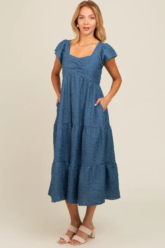 Clothing Sales Blue Textured Sweetheart Neck Short Puff Sleeve Tiered Midi Dress