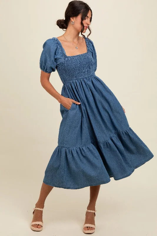 Women's Clothing Online Blue Vintage Wash Chambray Smocked Midi Dress