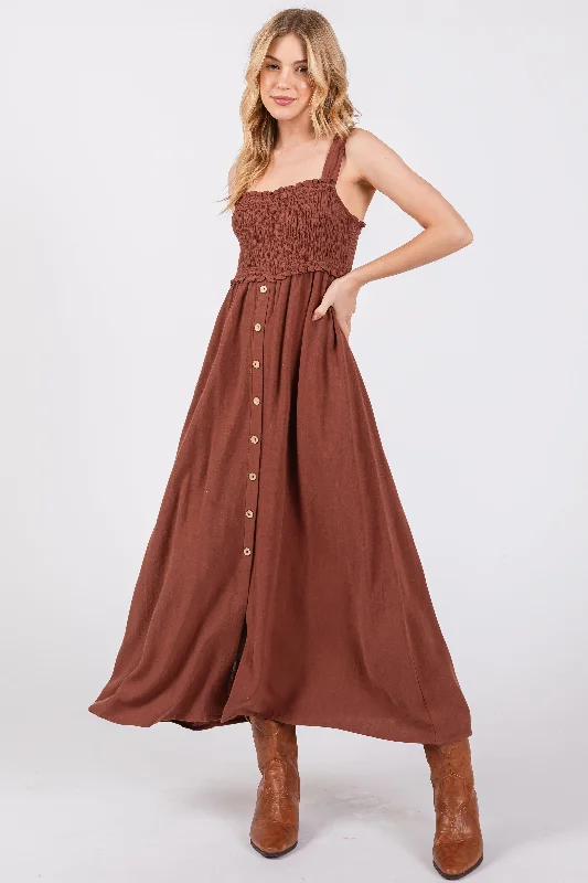 Women's Fashion Clothing Brown Button Down Smocked Dress