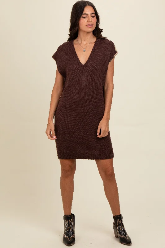 Discount Price Brown Contrast Stitch V-Neck Mini Sweater Dress