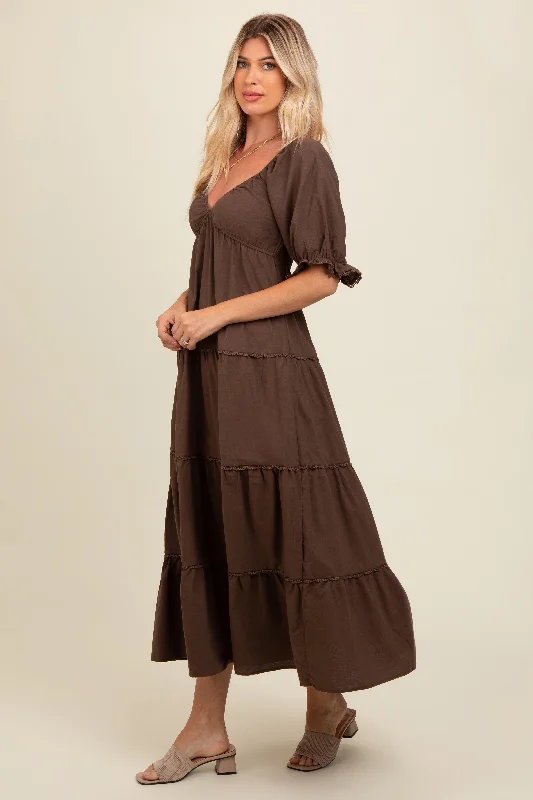 Stylish Loungewear for Women Brown Deep V-Neck Tiered Maxi Dress