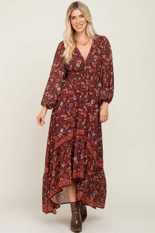 Modern Women's Attire Brown Floral Hi-Lo Train Maxi Dress