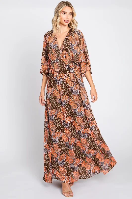 Affordable Online Boutiques Brown Floral Paisley Chiffon Maxi Dress