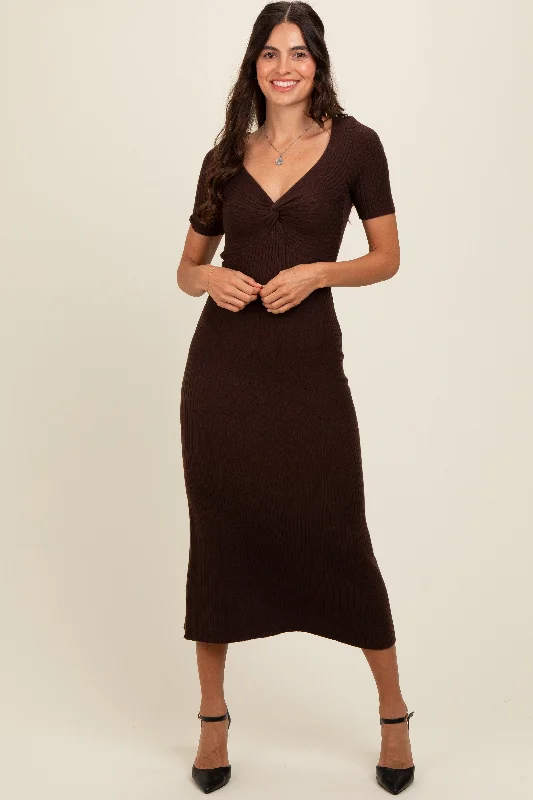 Women's Comfortable Apparel Brown Knit Twisted V-Neck Maxi Dress