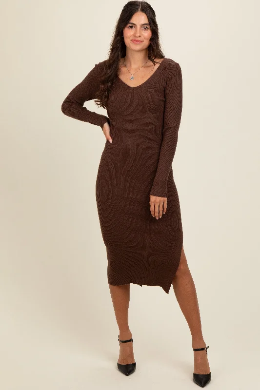 Evening Elegance Brown Ribbed Knit Side Slit Midi Dress