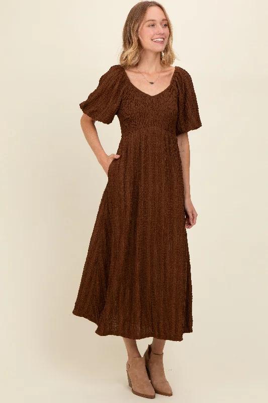 Women's Functional Outfit For Outdoor Activities Brown Smocked V-Neck Short Puff Sleeve Textured Midi Dress