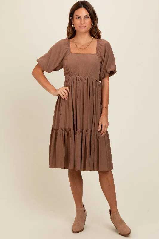 Trendy Boutique Online Brown Square Neck Puff Sleeve Dress