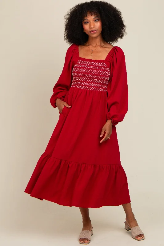 Clothing For Women Burgundy Contrast Smocked Balloon Sleeve Midi Dress