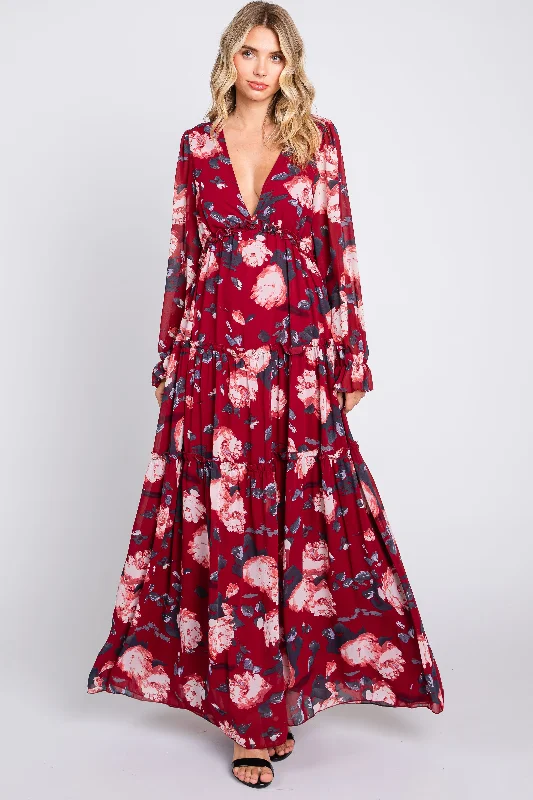 New Arrival Discounts Burgundy Floral Chiffon V-Neck Lettuce Edge Tiered Maxi Dress