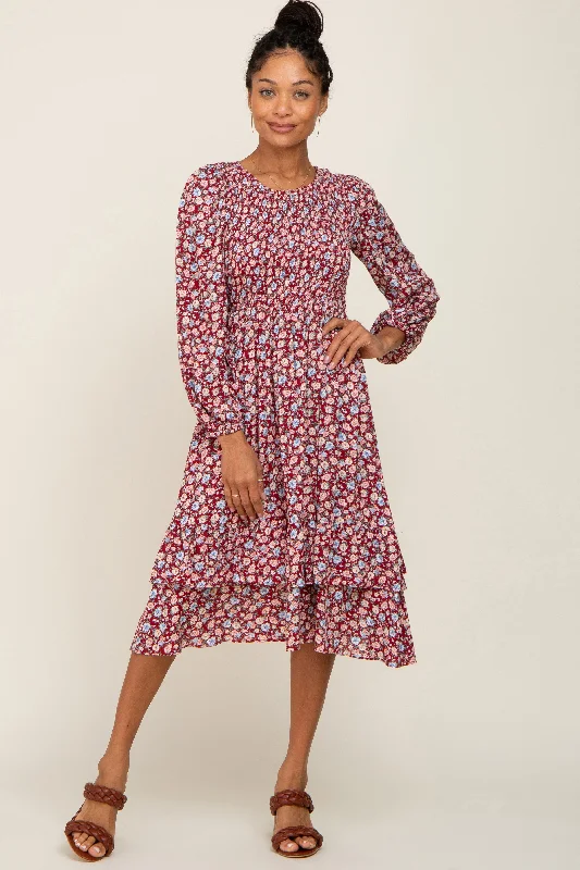 Women's Vacation Attire Burgundy Floral Smocked Long Sleeve Midi Dress