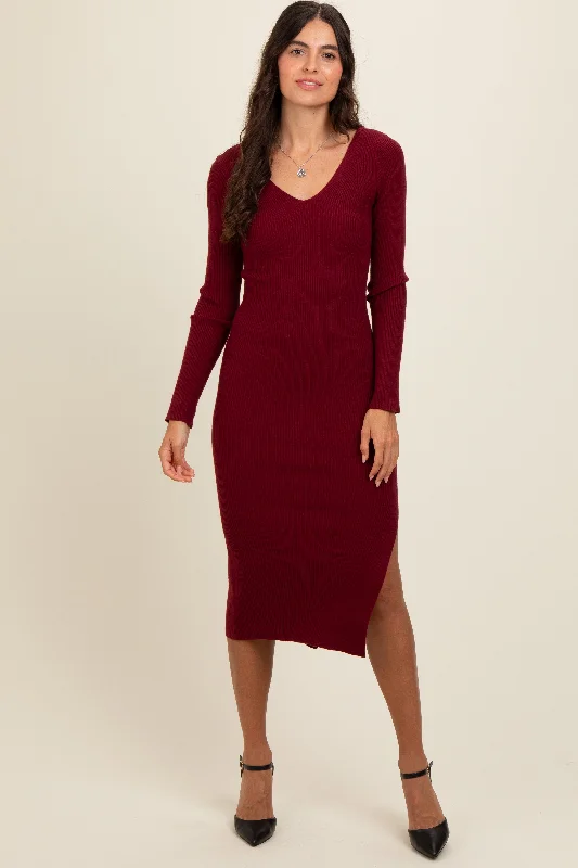 Chic Clothes For Women Burgundy Ribbed Knit Side Slit Midi Dress