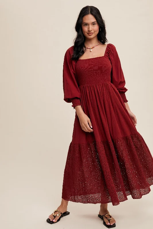 Timeless Women's Fashion Styles Burgundy Smocked Eyelet Lace Hem Maxi Dress