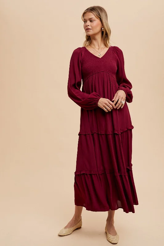 Women's Formal Wear Burgundy Smocked Tiered Midi Dress