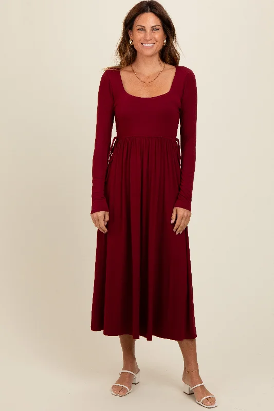 High End Women's Wear Burgundy Square Neck Long Sleeve Midi Dress