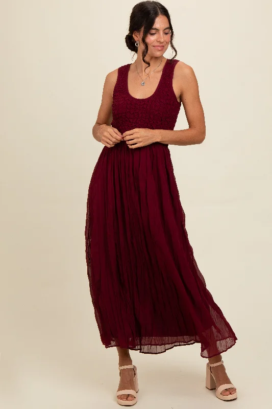 Shop Ladies Clothes Burgundy Textured Smocked Bodice Sleeveless Maxi Dress