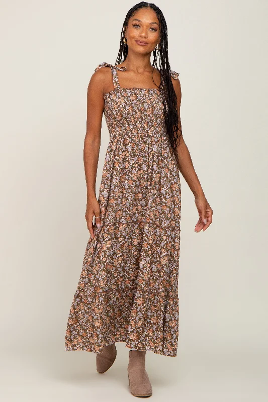 Women's Holiday Attire Camel Floral Sleeveless Tiered Maxi Dress