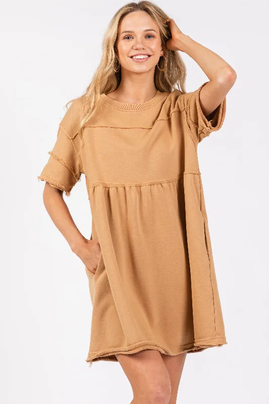 Fashionable Casual Tops Camel Raw Hem Short Sleeve Dress