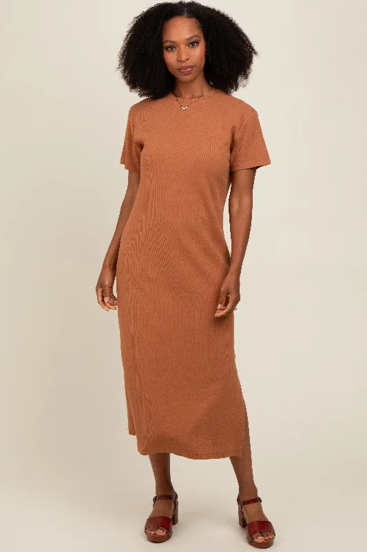 Casual Chic Camel Short Sleeve Side Slit T-Shirt Midi Dress