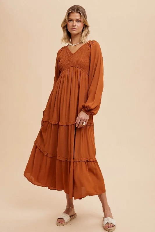 Must-Have Styles Camel Smocked Tiered Midi Dress