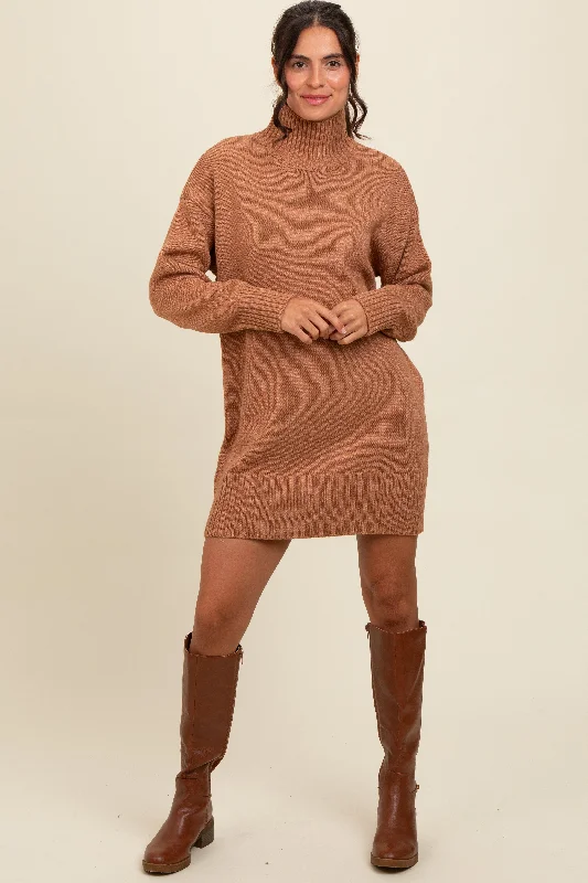 Women's Trendy Outfit Camel Turtle Neck Mini Sweater Dress