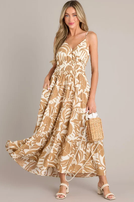 Women's Stylish Casual Garments Caribbean Dream Tan Tropical Print Maxi Dress